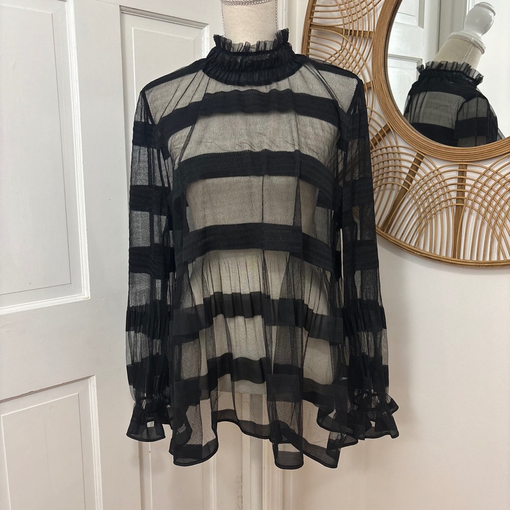 Sheer Black Mesh Stripe Blouse L Gothic Ruffle Victorian Whimsigoth Witchy Boho